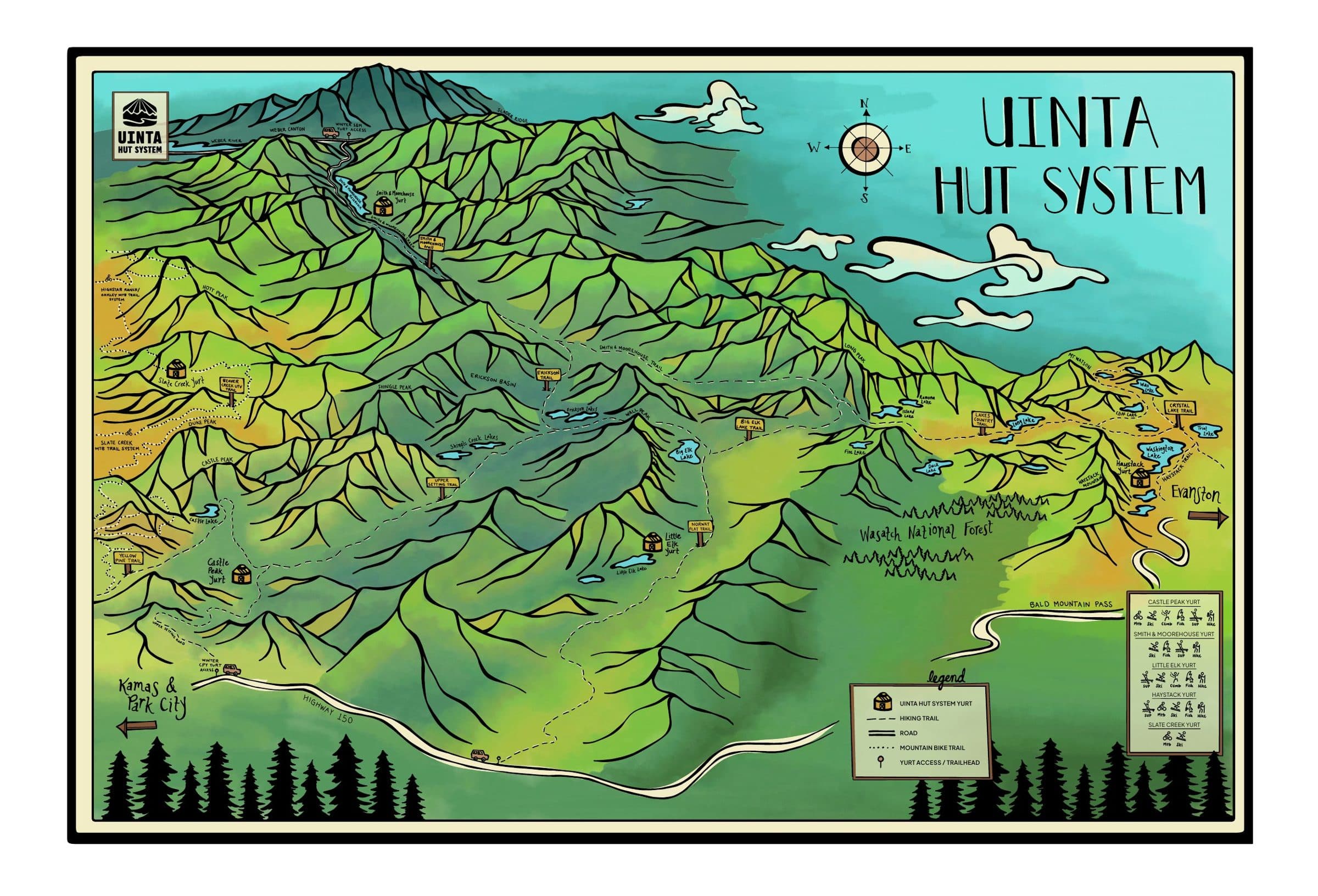 Hand-drawn Uinta Hut System trail map showing the yurts, trails and trailheads
